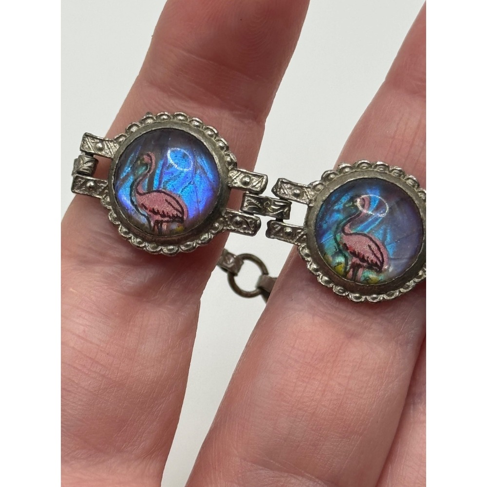 Vintage Pink Flamingo Butterfly Wing Silver Tone Bracelet - Picture 6 of 16
